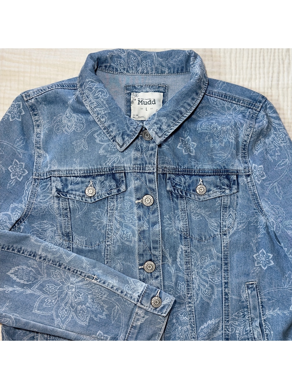 Mudd Women’s Large Blue Floral Print Denim Jacket Y2K